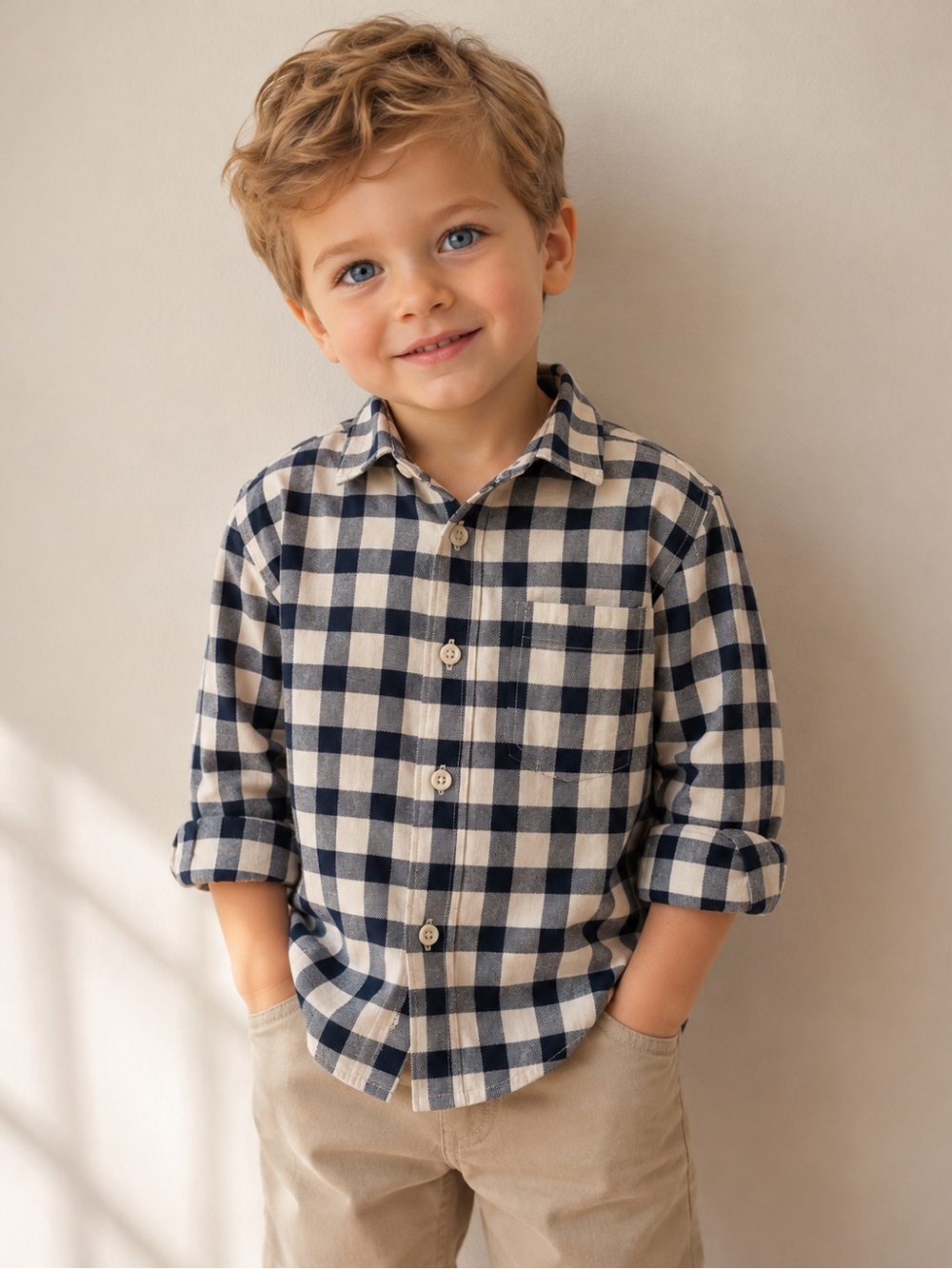 Zara Navy and Cream Check Button-Down Shirt
